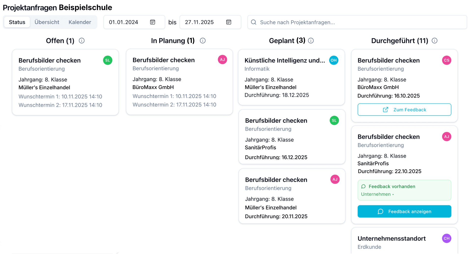 Screenshot: Partner- und Projektverwaltung im Schulraum
