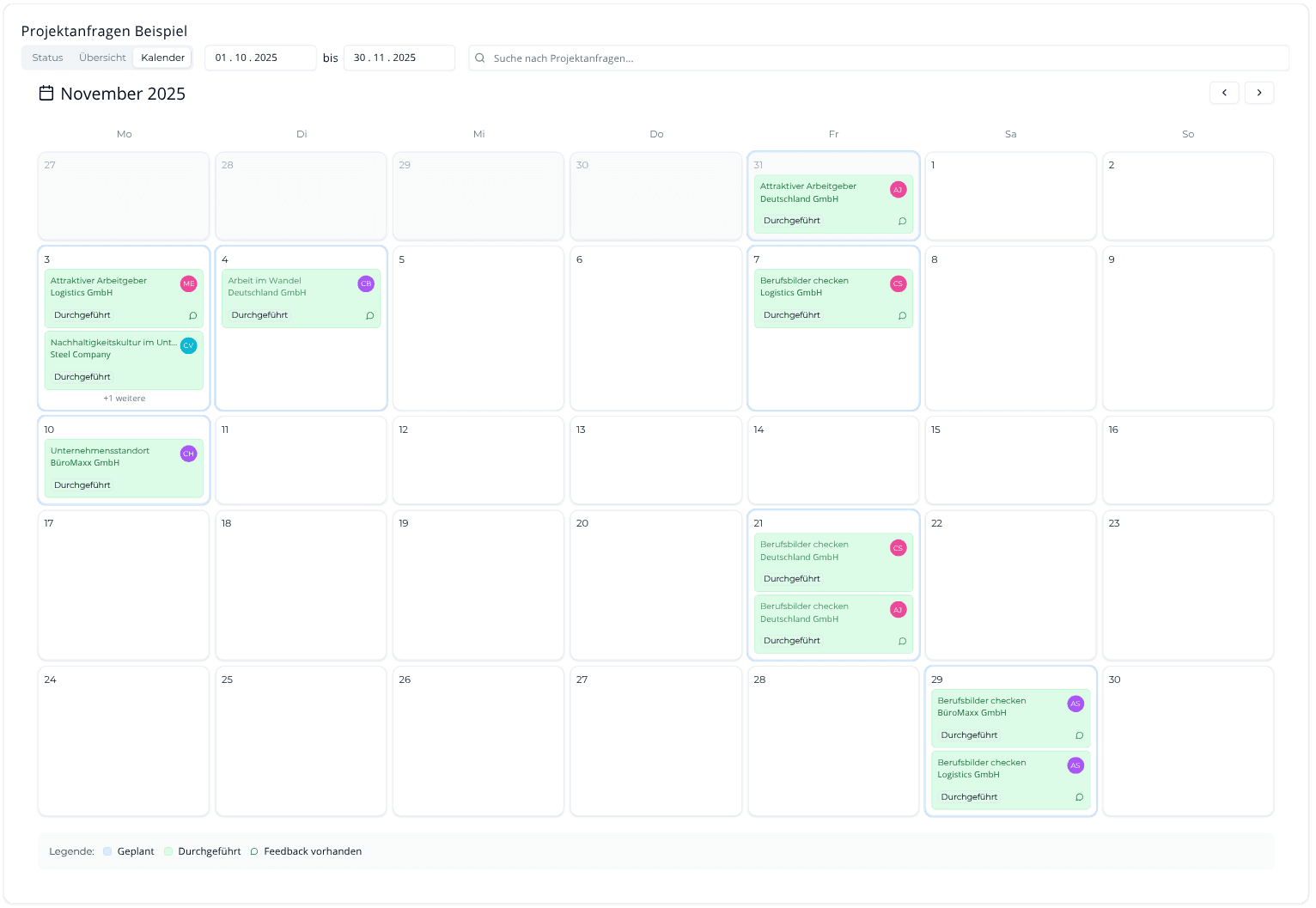 Screenshot: Projektkalender im Schulraum